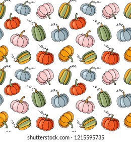 Lovely pumpkins. Seamless vector pattern with colorful gourds.