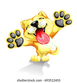 The lovely puppy Akita Inu licks glass standing on hinder legs. A yellow dog a symbol 2018 new years according to the Chinese calendar. A vector illustration separately on white.