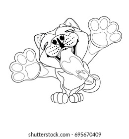 The lovely puppy Akita Inu licks glass standing on hinder legs. A contour line vector illustration separately on white, page coloring book, square.