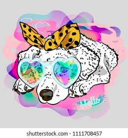 Lovely puppy is bored. Vector sketch for fashionable T-shirt. Dog's portrait.