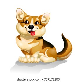 The lovely puppy dog Welsh Corgi sits is isolated on white. A yellow dog a symbol 2018 new years according to the Chinese calendar. A cartoon vector illustration.