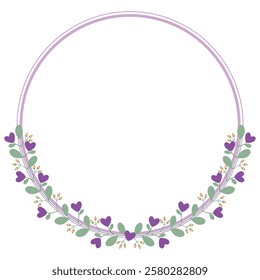 Lovely Purple Circle Wreath Or Borders Frame With Love Purple Flowers And Leaves