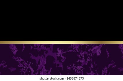 Lovely purple marble card with gold. Marble background. Chic design card in black and gold colors. Blank layout and empty background for text message. Vector.