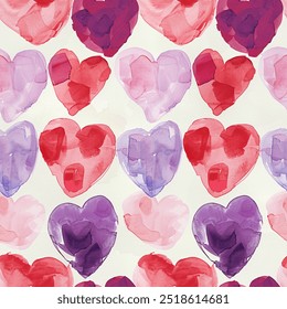 Lovely Purple Red Pink Hearts all kinds of shapes and sizes: Watercolor Seamless Pattern Wallpaper Curtain Bedding Upholstery Fabric White Background Gift Wrapping Paper Vector