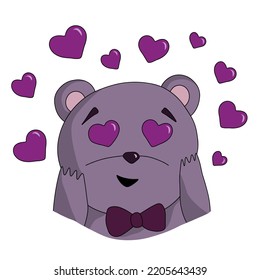 Lovely purple teddy bear with a crimson bow. Emotion expression concept. Vector illustration on a white background