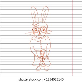 Lovely rabbit graphic design for print on copybook background. Cute rabbit hand drawn vector illustration.