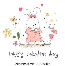 lovely rabbit with heart cartoon creative drawn hands made card,happy valentine day,elements,love,flyers, banners,invitation,posters,brochure