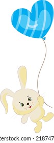 Lovely rabbit illustration for nursery t-shirt print, kids wear fashion design, baby shower invitation card.Cartoon style hand drawn vector illustration of cute white bunny with blue balloon.