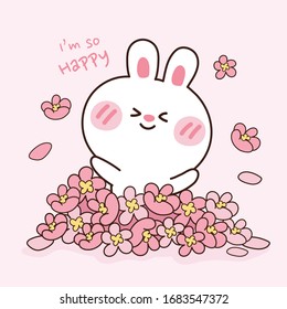 Lovely rabbit on flower pile. Cute cartoon hand drawn. Animal character design. I am so happy writing. Baby bunny on pink background. Graphics for t-shirts. Greeting card.Decorate.Vector. Illustration