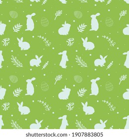 Lovely rabbits with easter eggs and flowers. Cute childish seamless pattern in cartoon style.
