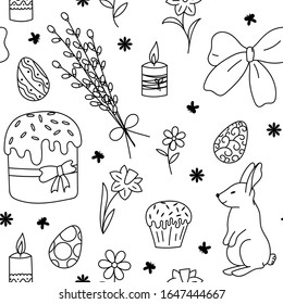 Lovely rabbits and flowers. Easter, eggs and cake. Cute childish seamless pattern in cartoon style. Seamless pattern can be used for wallpapers, pattern fills, web page backgrounds, surface textures