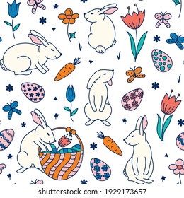 Lovely rabbits and flowers. Easter, eggs and cake. Cute childish seamless pattern in cartoon style. Seamless pattern can be used for wallpapers, pattern fills, web page backgrounds, surface textures