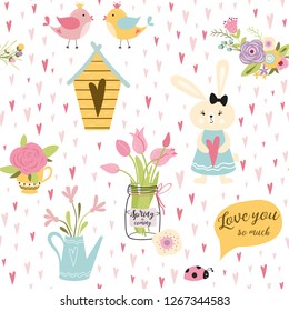 Lovely rabbits in hearts flowers. Cute childish seamless pattern in cartoon style. Seamless pattern can be used for wallpapers pattern fills web page backgrounds surface textures Vector illustration.