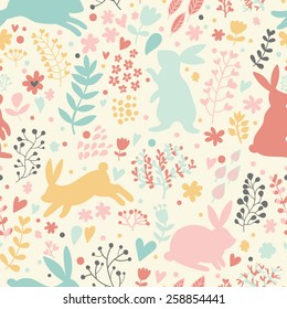 Lovely rabbits in hearts and flowers. Cute childish seamless pattern in cartoon style. Seamless pattern can be used for wallpapers, pattern fills, web page backgrounds, surface textures