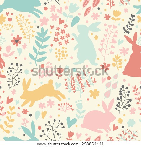 Lovely Rabbits Hearts Flowers Cute Childish Stock Vector Royalty