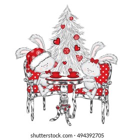 Lovely rabbits at a table in Christmas hats. Vector illustration for a card or poster. New Year's and Christmas.
