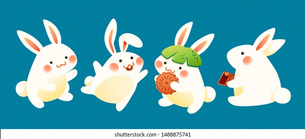 Lovely rabbits wearing pomelo hat and eating mooncakes on blue background