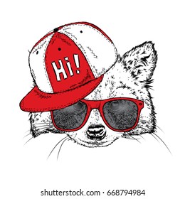 Lovely raccoon in a cap and glasses. Vector illustration for a postcard or a poster, print for clothes. Wild animal in clothes.
