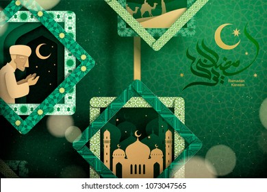 Bonitos elementos culturales ramadan en un marco abstracto con caligrafía de Ramadan Kareem sobre fondo verde