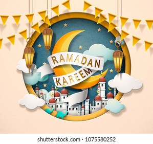 Lovely Ramadan Kareem design in paper art style, crescent and mosque scenery