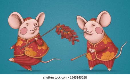 Lovely rat in chinese folk costume holding matchstick and firecrackers on blue background for lunar year