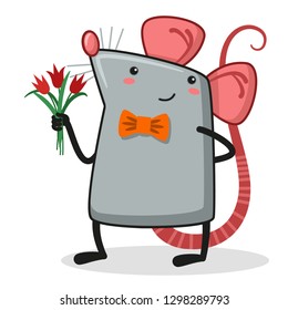 Lovely rat holding a bouquet of flowers