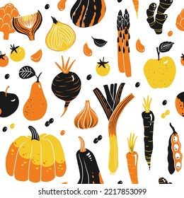 Lovely raw vegan seamless pattern with sweet fruits and vegetables in vector. Tasty apple, ginger, tomato, squash, beet, carrot, pear and pumpkin in funny cartoon style