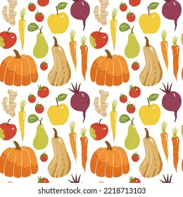 Lovely raw vegan seamless pattern with sweet fruits and vegetables in vector. Tasty apple, ginger, tomato, squash, beet, carrot, pear and pumpkin in funny cartoon style