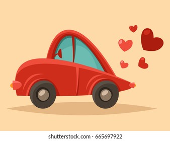 Lovely red car. Behind it are hearts. Romance, postcard, love. Vector cartoon illustration