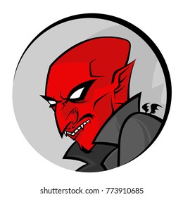 Lovely Red Devil. Vector illustration of a satan in a circle. Image is isolated on white background. The head of the character of the mascot.