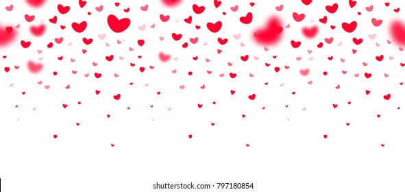 Lovely red falling hearts in focus and in defocus on white background, an excellent frame for greeting cards, valentines, wedding invitations. Vector seamless pattern love party template.