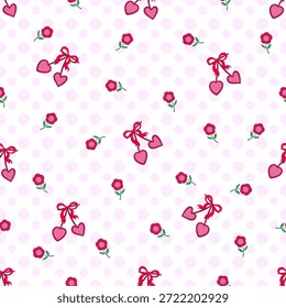Un encantador patrón floral rojo con adorables cerezas en forma de corazón de color rosa sobre un fondo de lunares rosa y blanco. Perfecto para diseños en telas, algodón, Fondo de pantalla, satén y alfombras, papel de embalaje. Fondo del día de San Valentín.