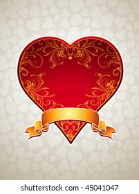 lovely red heart with golden ribbon, vector illustration