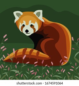 Lovely red panda sits in flowers  cute animal realistic flat vector illustration and green background 