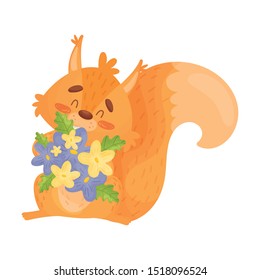 Lovely Red Squirrel With Different Flowers In Its Paws, Vector Illustration.