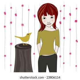 Lovely Redhead and Bird