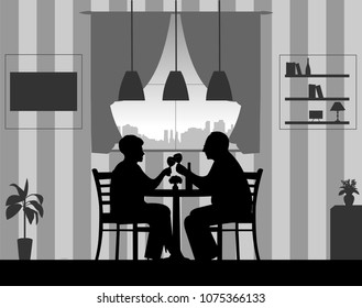 Lovely retired elderly couple drinking glass of wine in the room at home, one in the series of similar images silhouette