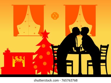 Lovely retired elderly couple kissing and enjoying the Christmas holidays and New Year, one in the series of similar images silhouette layered