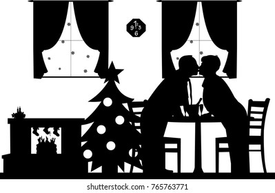 Lovely retired elderly couple kissing and enjoying the Christmas holidays and New Year, one in the series of similar images silhouette layered