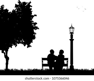 Lovely retired elderly couple sitting on bench in park, one in the series of similar images silhouette