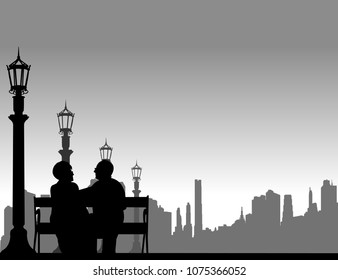 Lovely retired elderly couple sitting on bench on the street, one in the series of similar images silhouette