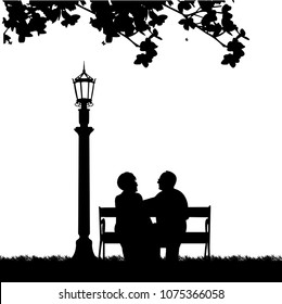 Lovely retired elderly couple sitting on bench in park, one in the series of similar images silhouette