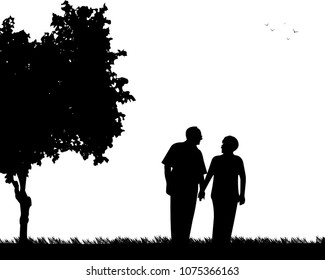 Lovely retired elderly couple walking in the park, one in the series of similar images silhouette