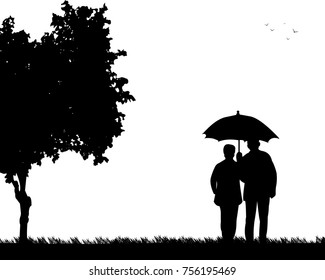 Lovely retired elderly couple walking under the umbrella in park in autumn or fall, one in the series of similar images silhouette