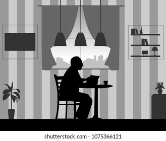 Lovely retired elderly man drinking cup of coffee and reading newspaper in the room at home, one in the series of similar images silhouette