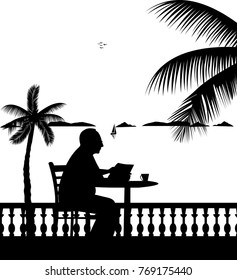 Lovely retired elderly man drinking cup of coffee and reading the newspaper on the beach under the palm tree