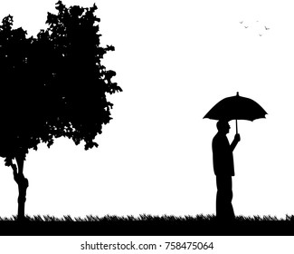 Lovely retired elderly man walking under the umbrella in park in autumn or fall, one in the series of similar images silhouette