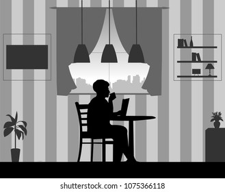 Lovely retired elderly woman drinking cup of coffee and reading newspaper in the room at home, one in the series of similar images silhouette