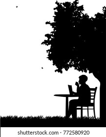 Lovely retired elderly woman drinking cup of coffee and reading the newspaper under the tree silhouette. Layered vector illustration