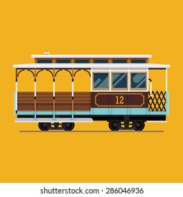 Lovely retro detailed vector cable car, side view, isolated | Mass transit vintage graphic element on cable rail car. Ideal for urban lifestyle, touristic and sightseeing graphic and web design